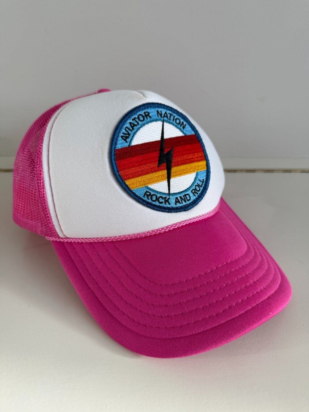 Aviator Nation Rock & Roll Bolt Trucker Hat Neon Pink White